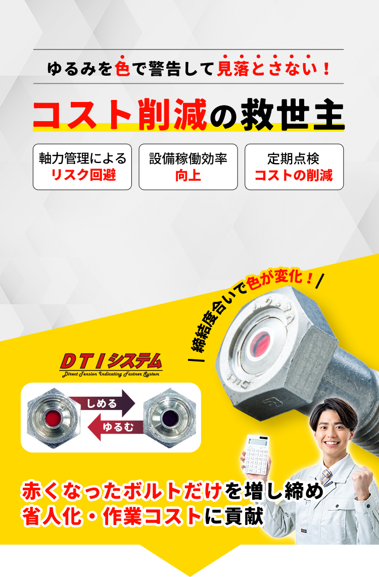 ゆるみを色で警告 軸力管理によるリスク回避 設備稼働効率向上 定期点検/コストの削減